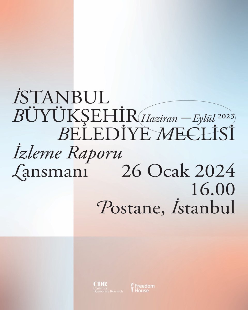 Etkinliğe kayıt olmak için: cdr.org.tr/istanbul CDR'nin Freedom House iş birliğiyle hazırlamış olduğu İstanbul Büyükşehir Belediye Meclisinin Haziran-Eylül 2023 dönemini kapsayan izleme raporunun lansman etkinliğine siz değerli katılımcılarımızı davet etmekten büyük mutluluk…