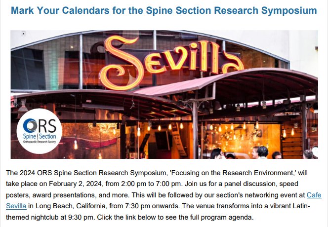 ORS Spine Section (@orsspinesection) on Twitter photo ORS Spine Section Research Symposium 'Focusing on the Research Environment,' at <a href="/ORSsociety/">Orthopaedic Research Society</a> Annual Meeting 2024, on February 2, 2024, from 2:00 pm to 7:00 pm, will be followed by our networking event at Cafe Sevilla from 7:30-9:30OM. Come and network with other section members. ORS Spine Section Research Symposium 'Focusing on the Research Environment,' at <a href="/ORSsociety/">Orthopaedic Research Society</a> Annual Meeting 2024, on February 2, 2024, from 2:00 pm to 7:00 pm, will be followed by our networking event at Cafe Sevilla from 7:30-9:30OM. Come and network with other section members.