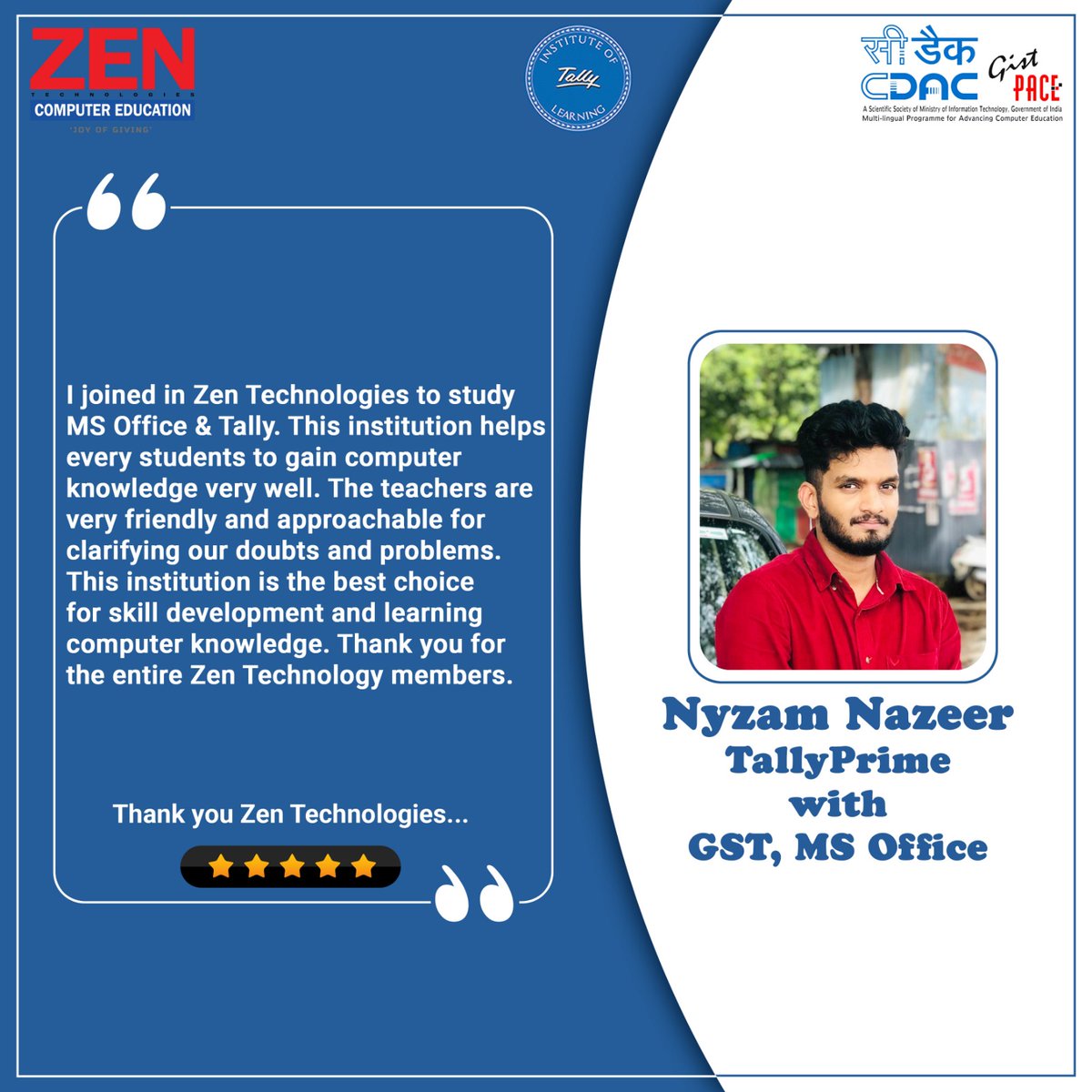 zentechkply's tweet photo. Thank you Nyzam Nazeer for your kind remarks.
Wish you all the best and God's blessings for your future endeavour.
Contact: 96059 46167
#zentechnologies #feedback #review #experiencesharing #tallyprime #studentsfeedback #thankyou #happystudents #testimoni https://t.co/3F4OugdPdi
