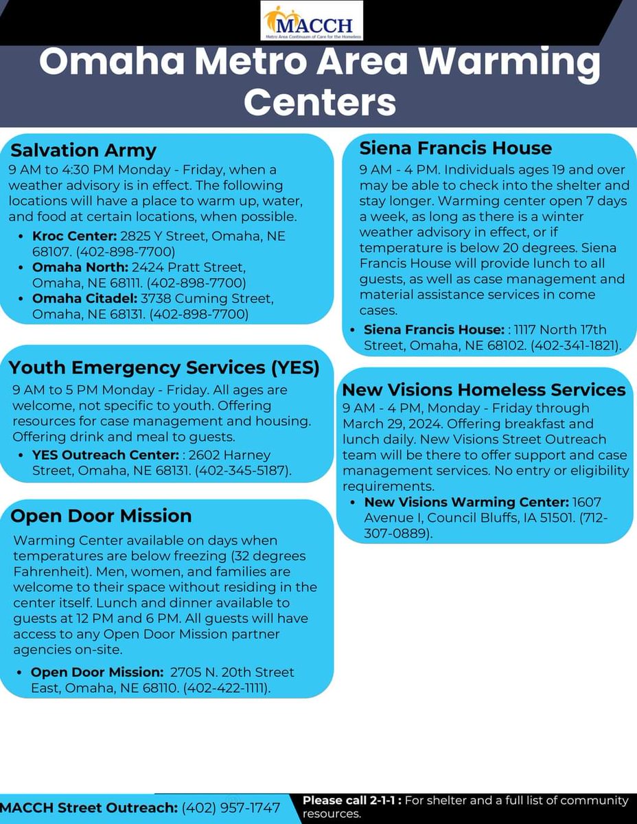 OmahaMedics's tweet photo. MACCH Street Outreach
 (402) 957-1747

Please call 2-1-1 for shelter and a full list of community resources. https://t.co/VbwBNTyKNe