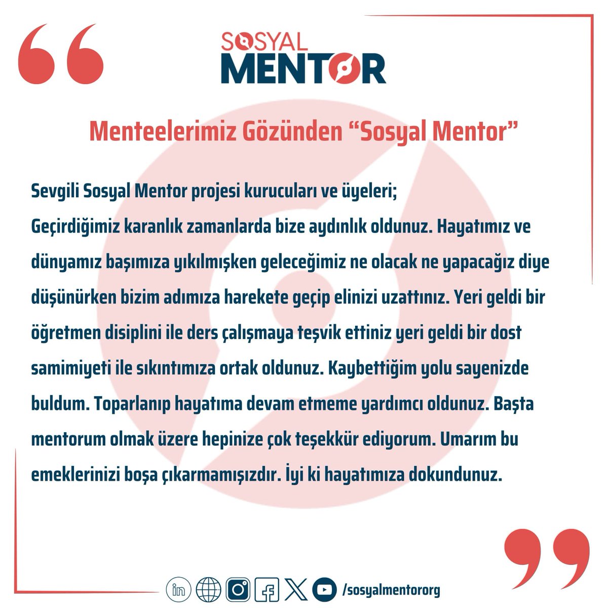 sosyalmentororg's tweet photo. Menteelerimize sorduk. ‘Senin gözünden Sosyal Mentor süreci nasıldı?’

Kaybettiğim yolu sayenizde buldum. Toparlanıp hayatıma devam etmeme yardımcı oldunuz.

#sosyalmentororg #binakılbirhedef https://t.co/K4wbWMremi