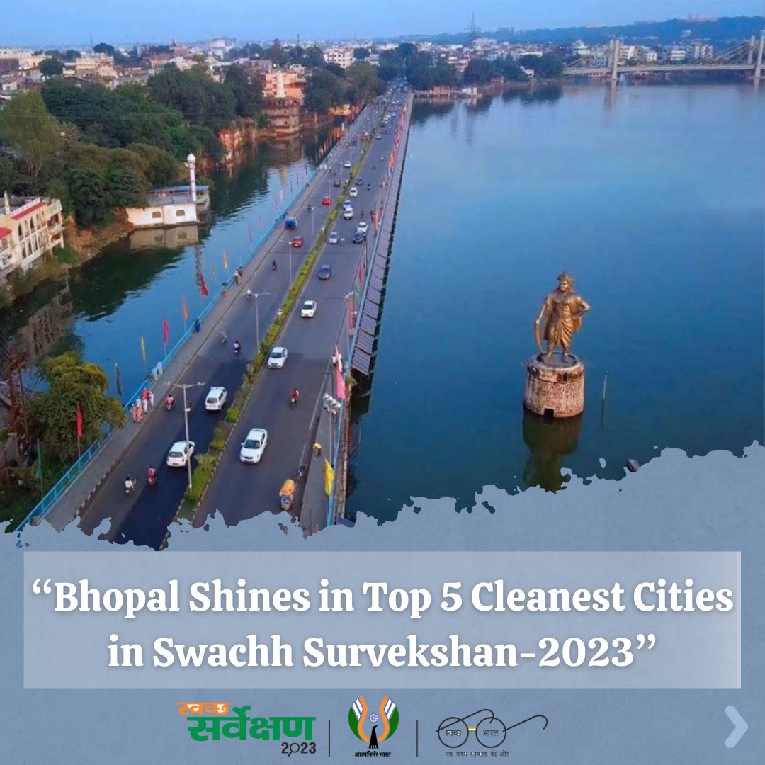Neo_climate's tweet photo. Bhopal shines as the 5th #cleanestcity in #India with a 5-star rating for a garbage-free environment! Kudos to #Bhopal Municipal Corporation for this remarkable achievement. 👏Swipe to explore the success behind Bhopal's rise in #SwachhSurvekshan2023  #BhopalPride #swachhbhopal https://t.co/VeGhkwoLpk