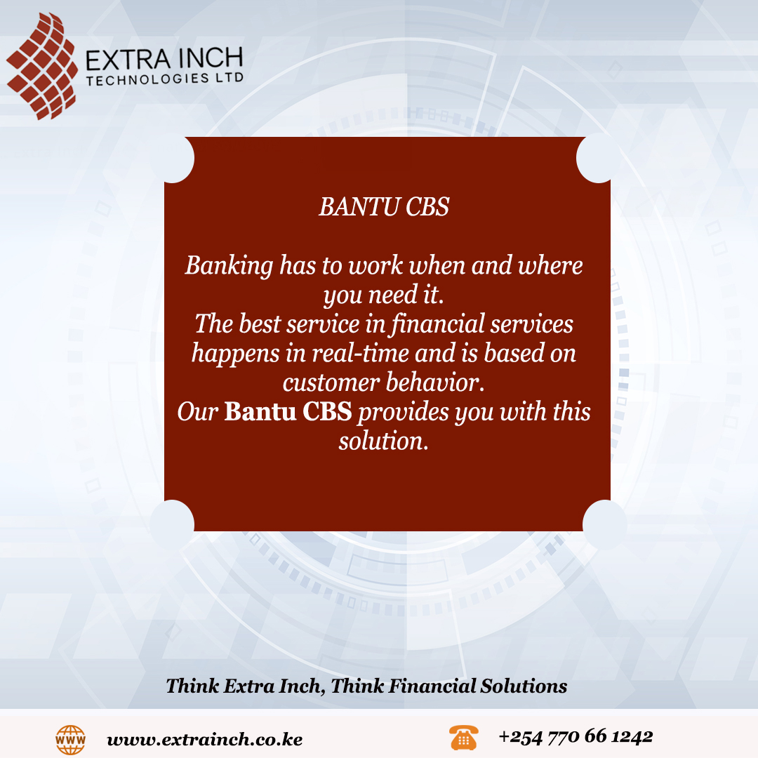 extrainchtech_'s tweet photo. Bantu CBS makes it possible to provide all the banking services needed by the Account Holder's of the respective institution .
Reach out to us on +254770661242 to get started with Bantu CBS. 

info@extrainch.co.ke
https://t.co/xVcDDVLSmB

#BANTUCBS #CBS #corebankingsystem #sacco https://t.co/d7IgTaXmzG