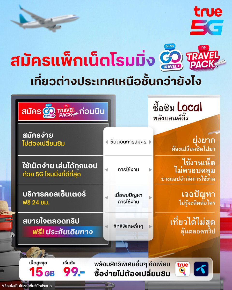 TrueMoveH's tweet photo. ✈ รู้ไหม? แค่สมัครแพ็กเสริมเน็ตโรมมิ่ง #TrueTRAVELPACK และ #dtacGOTravel ก็ยกระดับทริปเที่ยวทั่วโลกครั้งนี้ ให้เหนือชั้นกว่าที่เคย
✨ เน็ตจุใจสูงสุด 15GB ราคาเริ่มต้นเพียง 99 บาท สมัครง่าย ๆ เบอร์เดิม ไม่ต้องเปลี่ยนซิม
❤️ True iService : https://t.co/679spl8GFi
#BeyondRoaming https://t.co/fypKuTqbmt