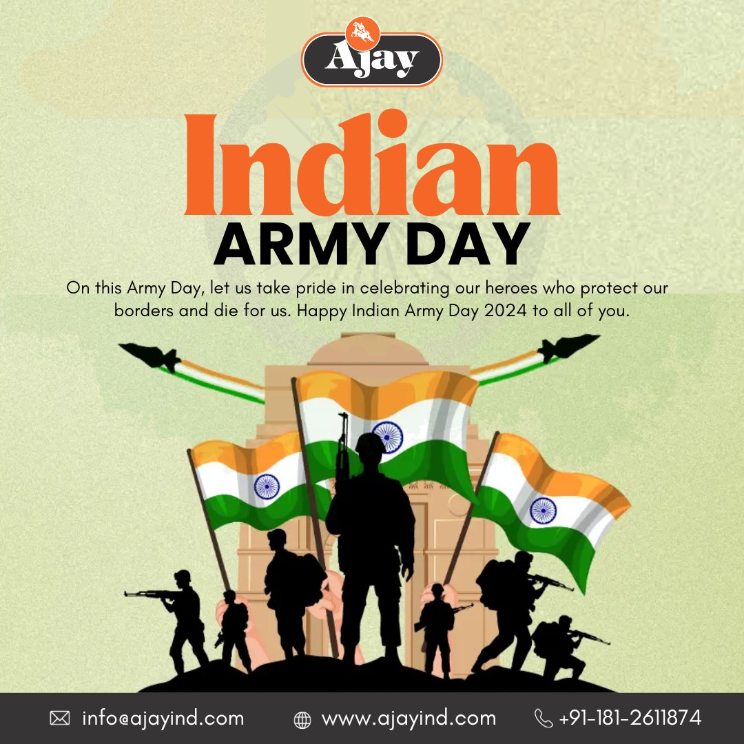 ajayindustries's tweet photo. 🇮🇳On this Army Day, let us take pride in celebrating our heroes who protect our borders and die for us. Happy Indian Army Day 2024 to all of you.🙏🇮🇳

#JaiHind #ArmyDay #indaianarmy #भारतीयसेना https://t.co/vmZYZTUU1t