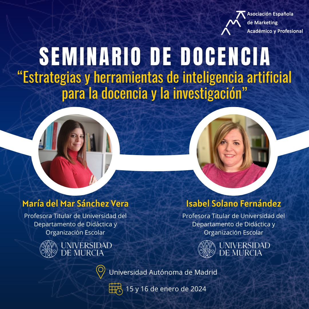 AEMARK's tweet photo. 🚀¡Hoy comienzan los seminarios de AEMARK!

💥"Estrategias y herramientas de inteligencia artificial para la docencia y la investigación"

🗣️@mallemar y @imsolano, profesoras de @UMU

📍@UAM_Madrid

#AEMARKForma24 https://t.co/2nCv4tVltD