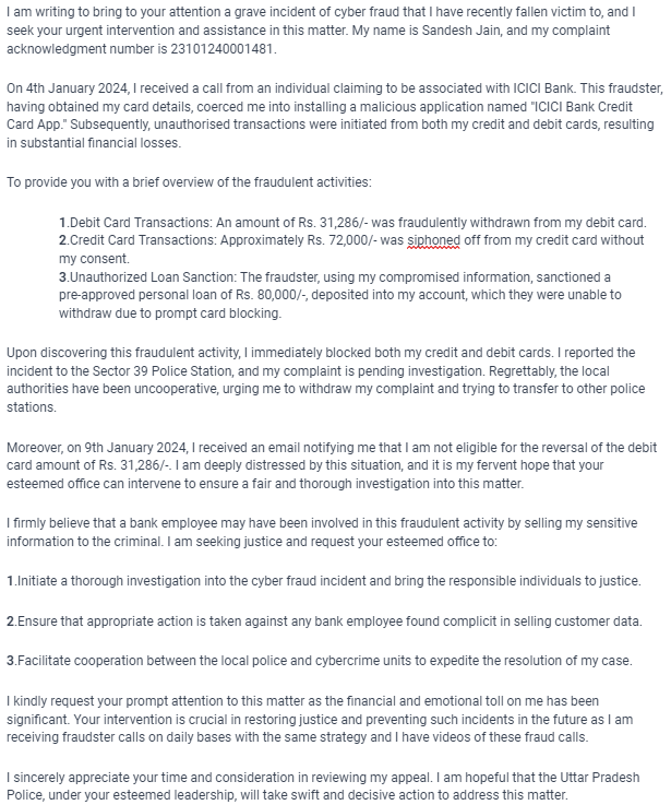 sandeshjain2203's tweet photo. I was called by a cyber crime fraudster with my card details claiming to be an @ICICIBank executive where I have already registered my complaint with the bank, @RBI , and @Uppolice, where still there is no resolution and actions took on my complaint, and matter is yet to resolve. https://t.co/UWJYFOS7oZ