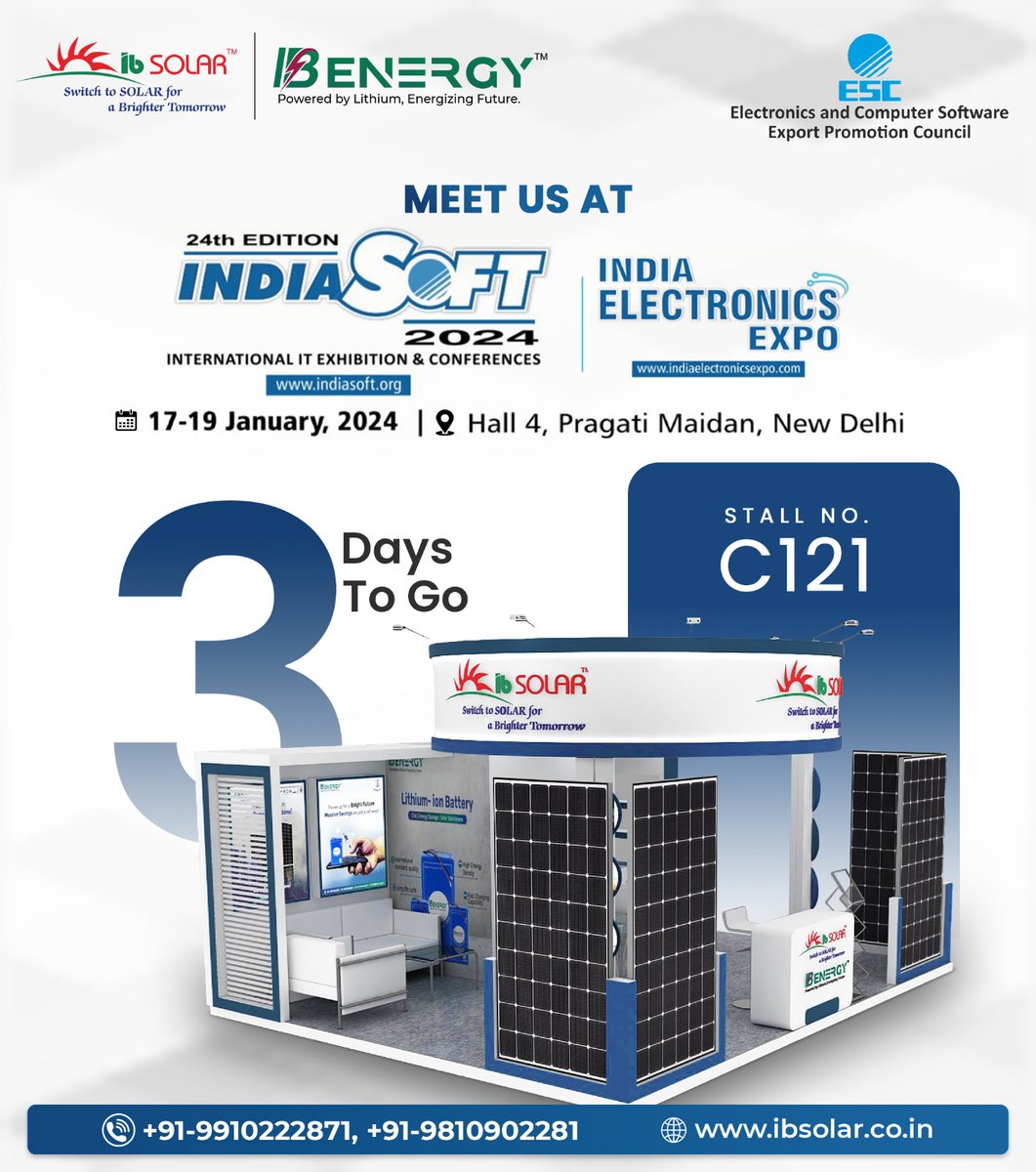 IB Solar is thrilled to be exhibiting at 24th Edition Indiasoft International exhibition.

Visit us from 17th -19th January in Pragati Maidan 
.
.
Visit: ibsolar.co.in
Or call us at +919910222871, 9810902281 

#escexhibition #indiasoft24 #indiasoftexhibition #solar