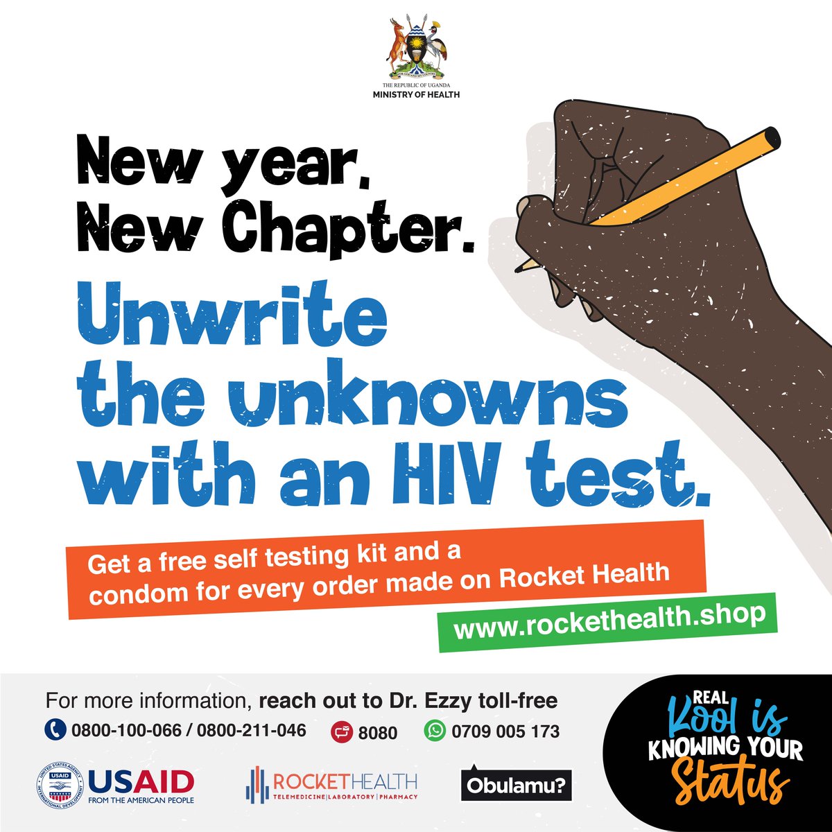 TMCGLtd's tweet photo. Unwrite the unknowns with an HIV test. Get a free self-testing kit and condom for every order made at https://t.co/Ggbgl02Ejl.
For more information, Call Dr. Ezzy on our toll-free line 0800 211046 for HIV/AIDS information and any health-related issues.
#TimeUpHIV
#Obulamu https://t.co/EXAf3CnVUD