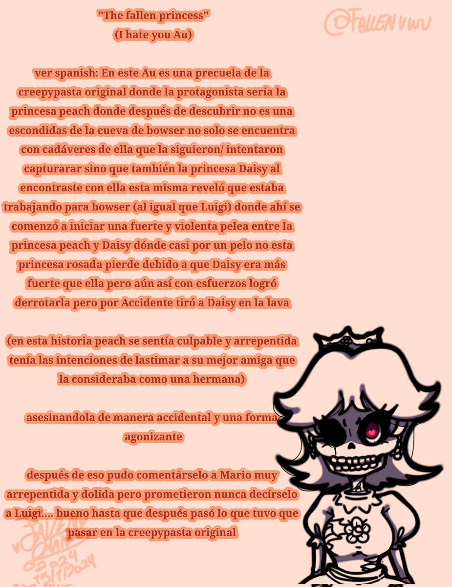 "The Fallen Princess"
             🩷💔🧡
        I hate You Au
Art conceptual/lore the Au 
(context versión spanish &amp; english)
#PrincessDaisy #PrincessPeach #Mario #Ihateyou #Au #MarioBros #alterneuniverse #fanart
