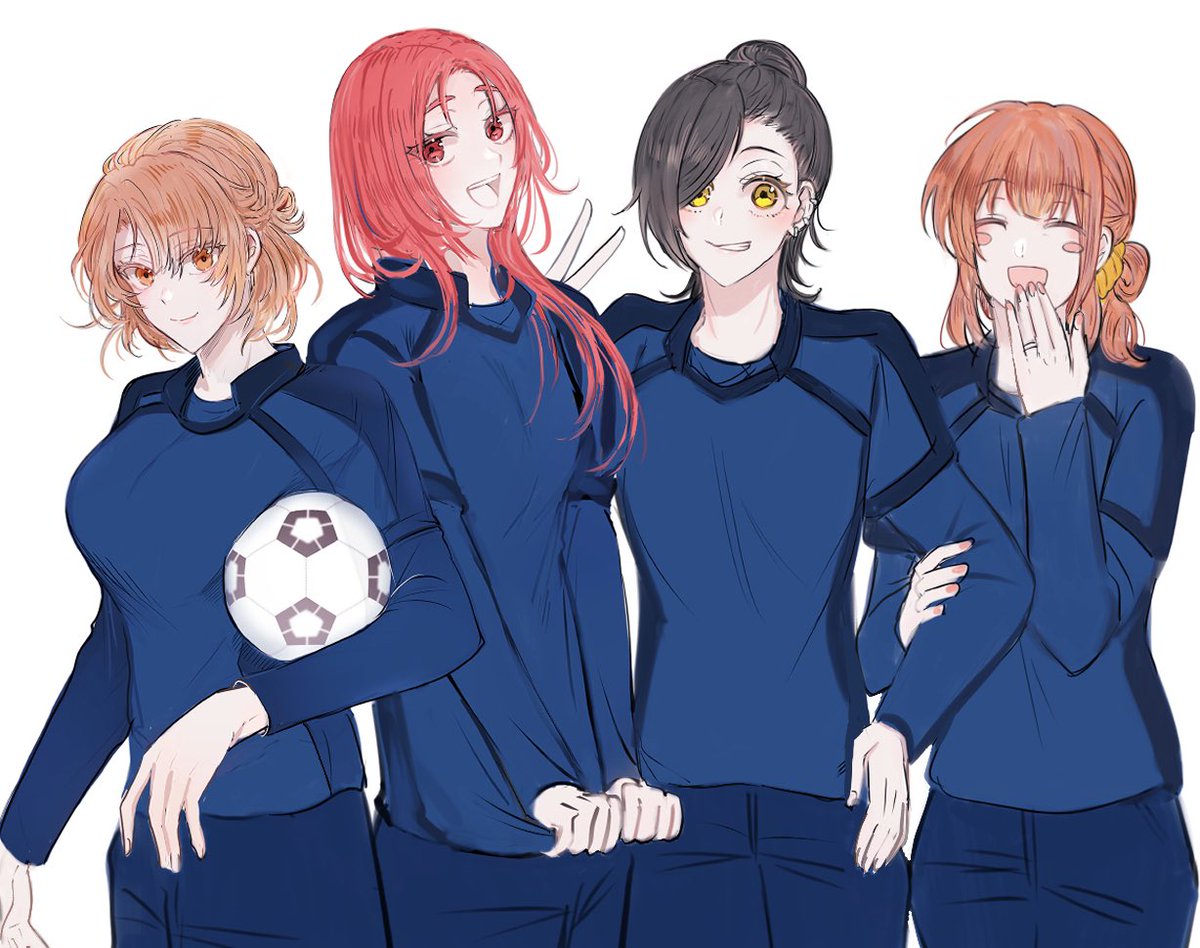 multiple girls 4girls ball smile red hair yellow eyes soccer ball  illustration images