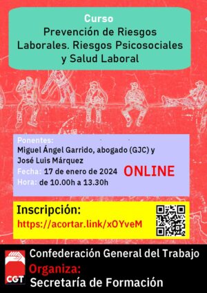 CGT's tweet photo. Formación |

📕Nueva formación online de @CGT 
Prevención riesgos laborales. Riesgos psicosociales y salud laboral. 

🗓️ 17 enero.⏰10 a 13:30h
✏️Inscripción : https://t.co/4f8BbU0IXl

Estará impartido por M.A. Garrido, abogado (GJC) y José Luis Márquez https://t.co/e1aPPEcRDv