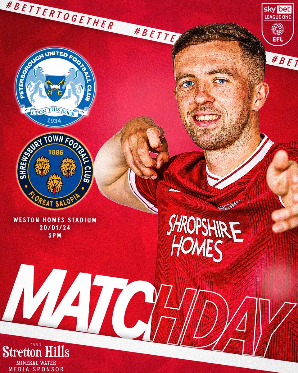 shrewsburytown's tweet photo. MATCHDAY! 🤩

🕒 3:00pm
🆚 @theposh
🏟 Weston Homes Stadium

#Salop 🔴⚪️ https://t.co/x7NYDUPSyd