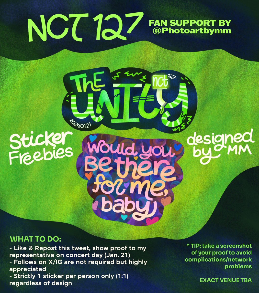 photoartbymm's tweet photo. NCT 127 fan support by @photoartbymm 💚💚

- like/rt this post, show proof to my representative on d-day
- follows aren’t required but are highly appreciated 
- strictly one sticker per person only (1:1)
- venue tba

#NCT127_NEOCITY_THE_UNITY 
#NEOCITY_THE_UNITY_in_BULACAN https://t.co/grgR3d3HUI