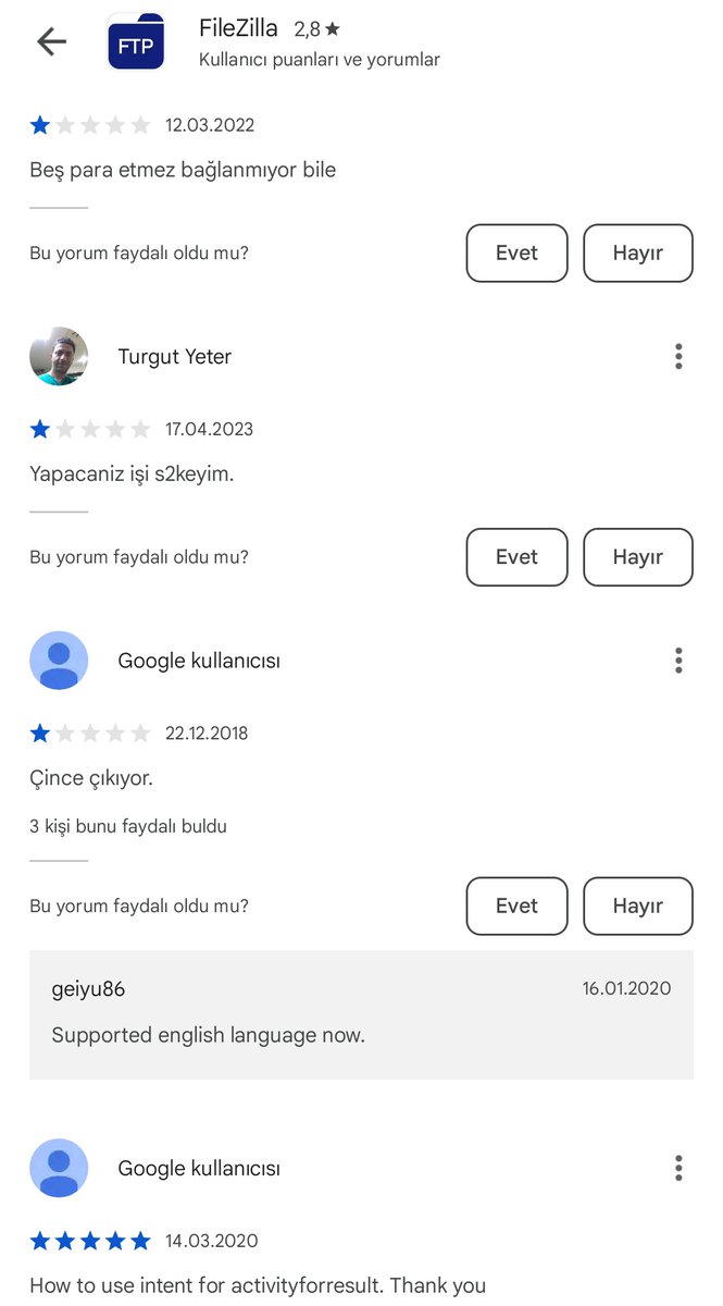 @haluktatar @EmniyetGM @TC_icisleri Turgut Yeter olarak FileZilla app'ine şu şekilde yorum yapmış.