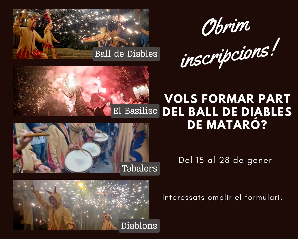 🚨OBRIM INSCRIPCIONS!🚨

Vols formar part del Ball de Diables de Mataró? 
És molt fàcil!! 

👉 Cal omplir el formulari forms.gle/1RxWfAMHxuryPc…
🗓️ Del 15 al 28 de gener