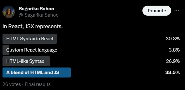 _Sagarika_Sahoo's tweet photo. 💡Let's see the correct ans with the reasons:

1: JSX includes JS beyond HTML syntax❌
2: JSX is a JavaScript extension, not a distinct language❌
3: Correct; emphasizes HTML resemblance in JSX✅
4: Preferred; captures HTML-like syntax with JS functionality✅
#techtwt #js #jsquiz https://t.co/UC3NtRO83o