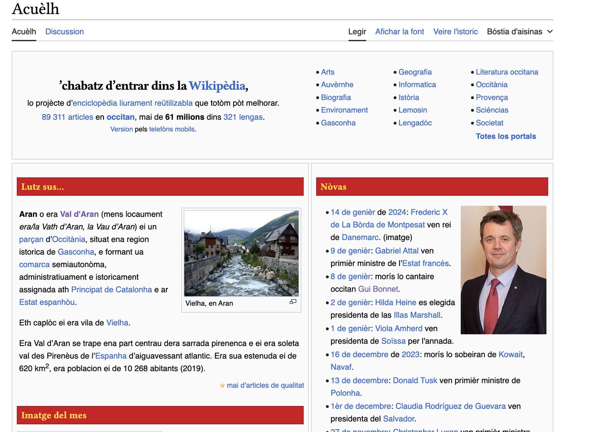 Eth 15 de gèr de 2001, Wikipedia neishec oficiaument

Aquera enciclopèdia liura, que toti podem melhorar, a guaireben 90.000 articles en occitan, en totes es sues variantes

oc.wikipedia.org/wiki/Acu%C3%A8…
