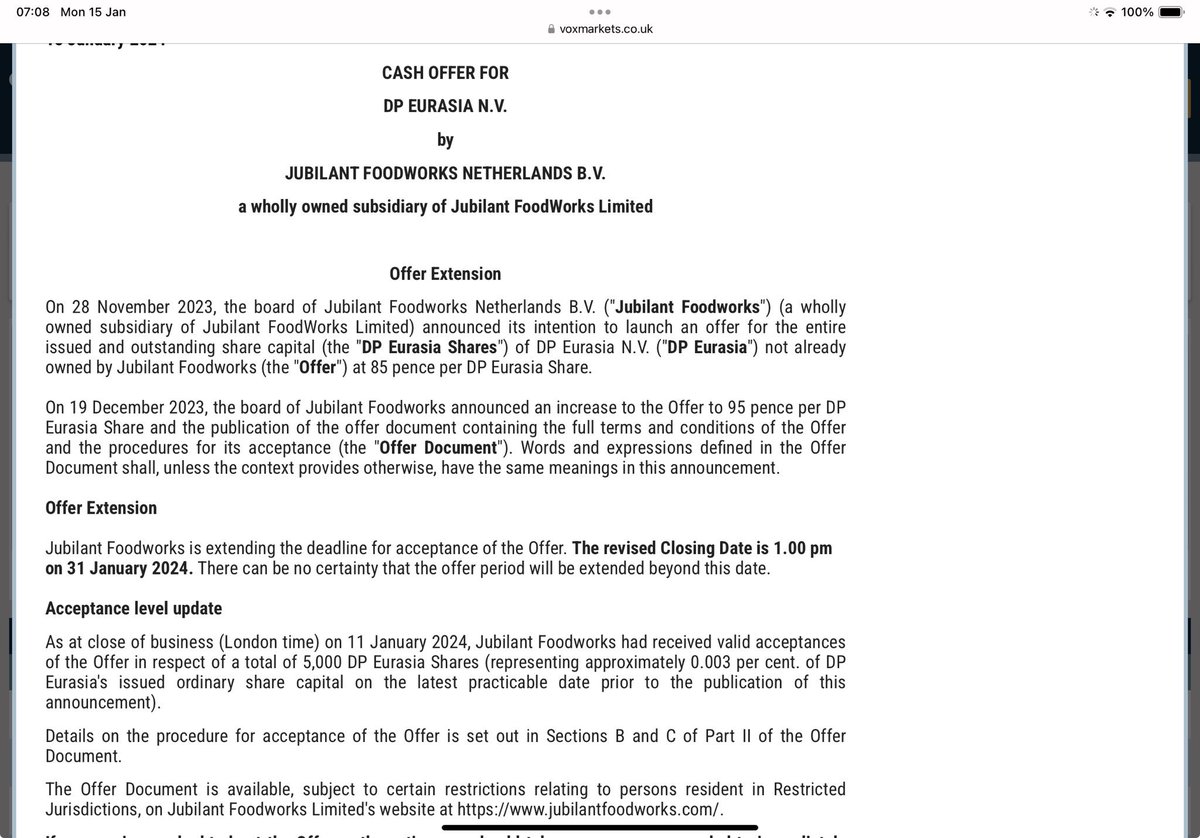 reb40's tweet image. #DPEU Jubilants cheeky 95p bid doesn’t look to be going too well

They’ve extended the deadline to 31st January but wth only 5,000 shares pledged &amp;amp; the market share price 98p it looks like they’re going to have to dip a bit deeper into their capacious pockets 🙄