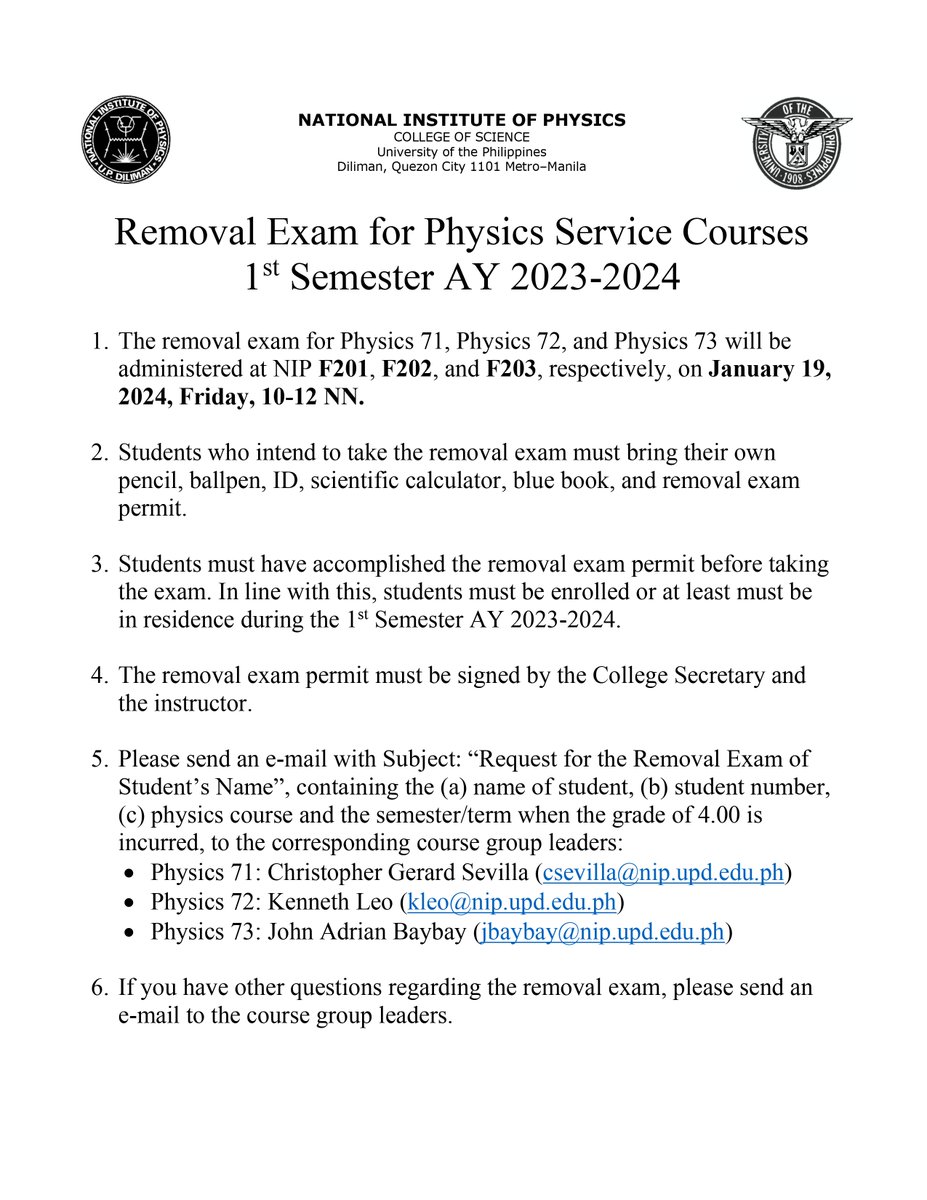 nip_upd's tweet photo. Removal Exam for Physics Service Courses - 1st Semester AY 2023-2024 https://t.co/BQdf5myzl4