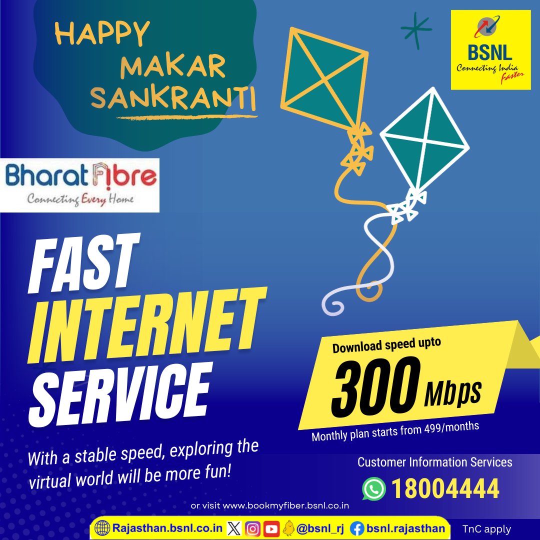 BSNL_RJ's tweet photo. #BSNL #BharatFibre : Fast internet service
With a stable speed, exploring the virtual world will be more fun ..... 
Book Now- https://t.co/6XKDPUrcio
or say "Hi" on WhatsApp 18004444
#Internet4All #FamilyWiFi #WiFi #FTTH https://t.co/VSsdBiiyVz