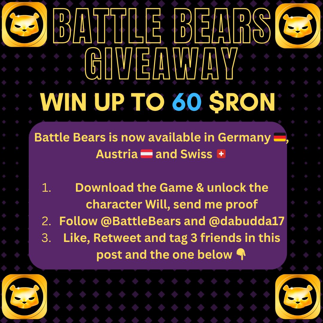 Dabudda17's tweet photo. To celebrate the official Release of @BattleBears in Germany 🇩🇪, Austria 🇦🇹 and Switzerland🇨🇭 we are doing a $RON Giveaway !!!

Rules: 👇 https://t.co/yB3nhBQoAC