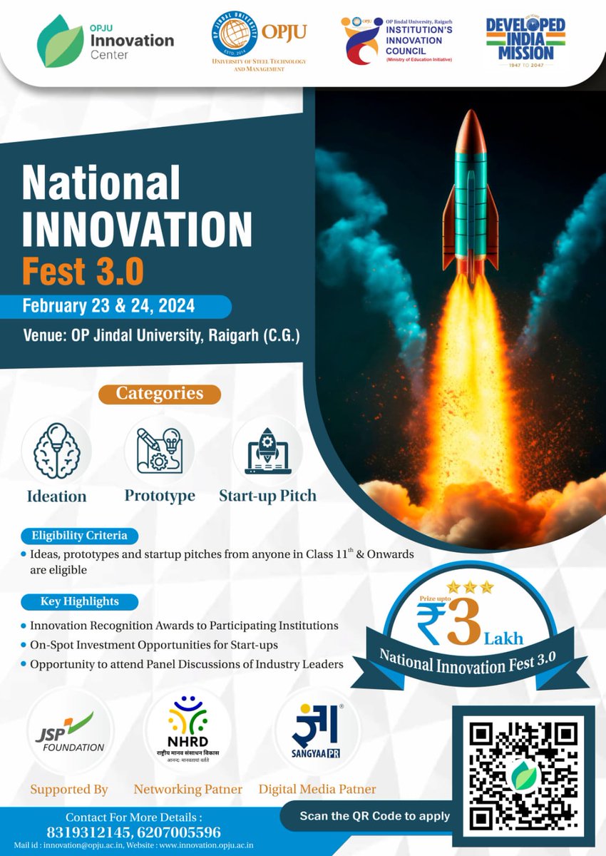 We are excited to announce the upcoming National Innovation Fest 3.0, organized by OPJU Innovation Center in association with National Human Resource Development (NHRD) and Sangyaa PR on February 23-24, 2024.
To participate, please register at nif.opju.ac.in:5050