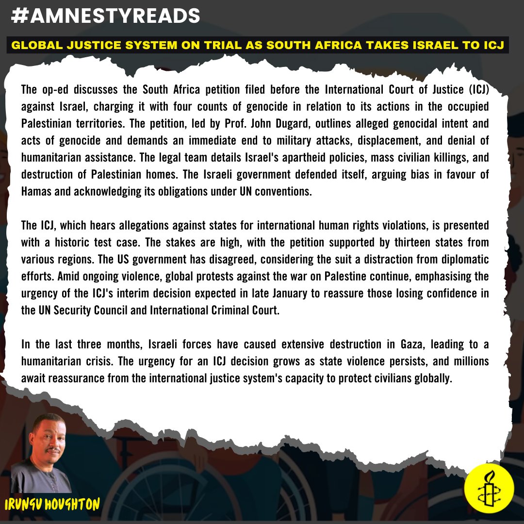 AmnestyKenya's tweet photo. Hello, we hope your week is off to an amazing start. Our #AmnestyRead of the week by @irunguhoughton assesses the critical questions the South Africa petition raised at the ICJ. Join the conversation on the historic test case for international justice. https://t.co/OAGxtkpUkU https://t.co/UUt7MGfe17
