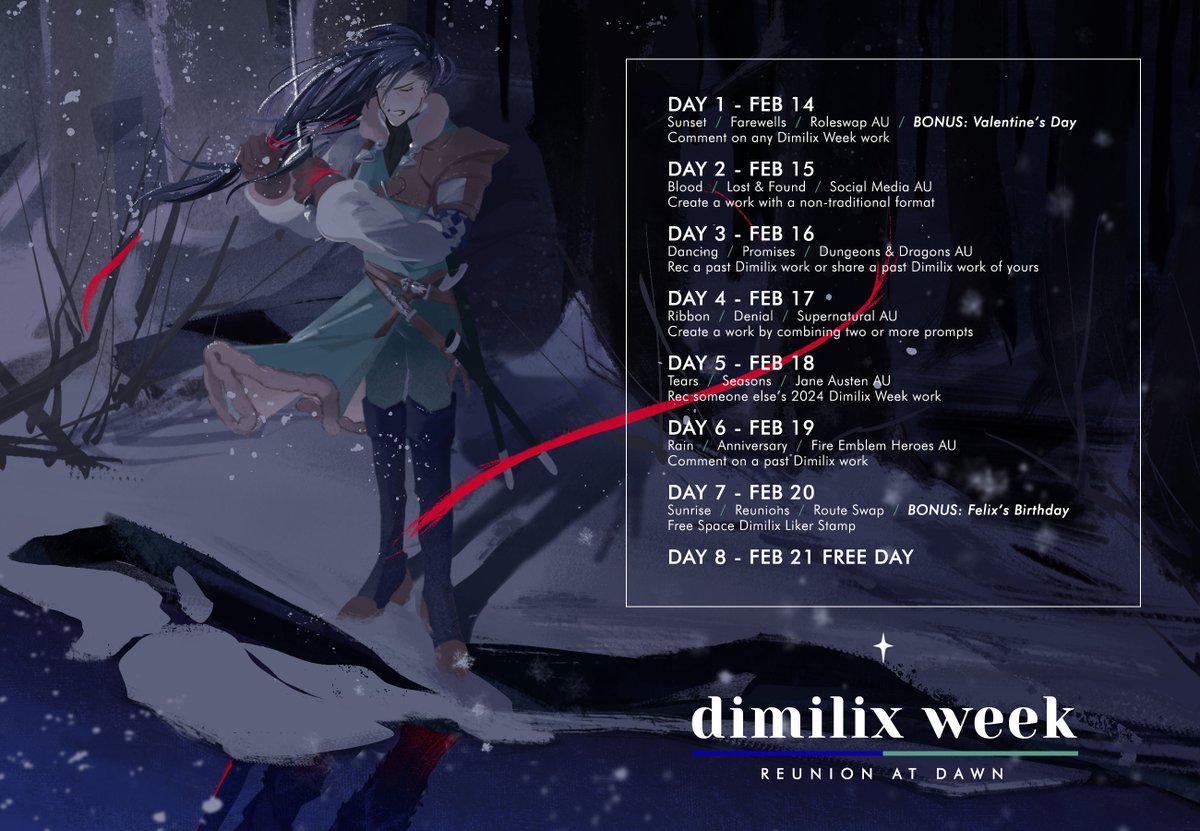 [RTs=💙] 'We tracked the boar for five years.' And what better way to celebrate those five years than to join us February 14-21, 2024 for #Dimilix Week: Reunion at Dawn! We're so excited to travel through Dimilix memories and create new ones when Felix and Dimitri meet again!