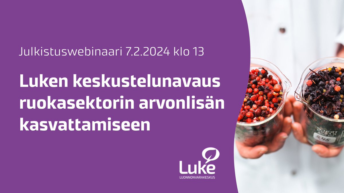 Luken keskustelunavaus ruokasektorin arvonlisän kasvattamiseen julkaistaan webinaarissa 7.2. klo 13. Tervetuloa kuulemaan ja keskustelemaan selvityksen tuloksista. Ohjelma ja ilmoittautuminen täällä: lyyti.fi/p/Julkistusweb… #ruoka