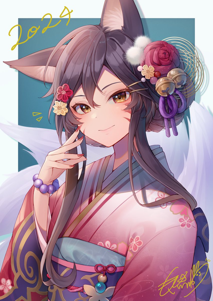 ahri (league of legends) 1girl animal ears fox ears japanese clothes hair ornament solo kimono  illustration images