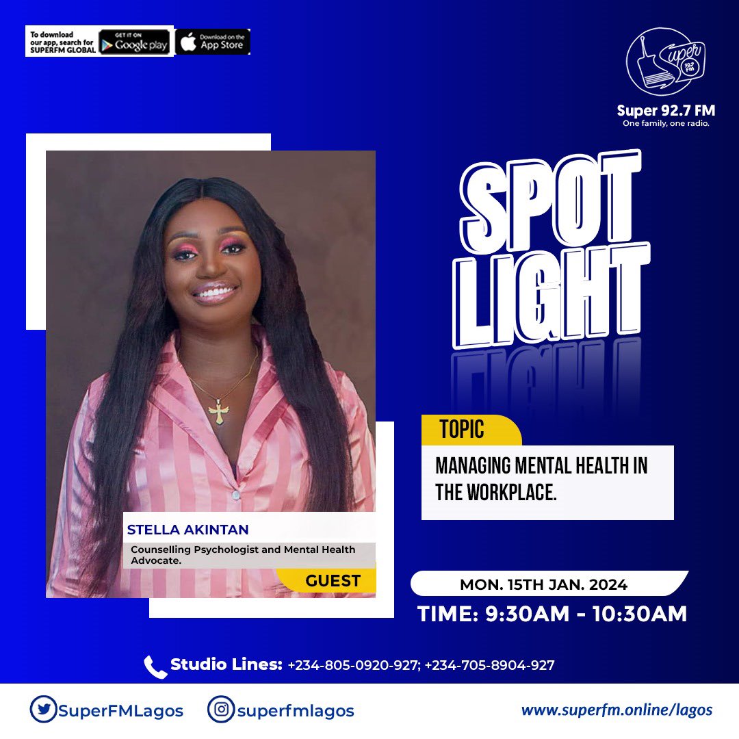Spacefor_Growth's tweet photo. Join our amazing counsellor @stellanoah_  as she discusses “Mental Health in the Workplace” on radio @SuperFMLagos 
.
.
Click here to listen;
https://t.co/ryGDQYMT06
.
#mentalhealthawareness 
#workplace 
#mentalhealth https://t.co/kyU8KgJt66