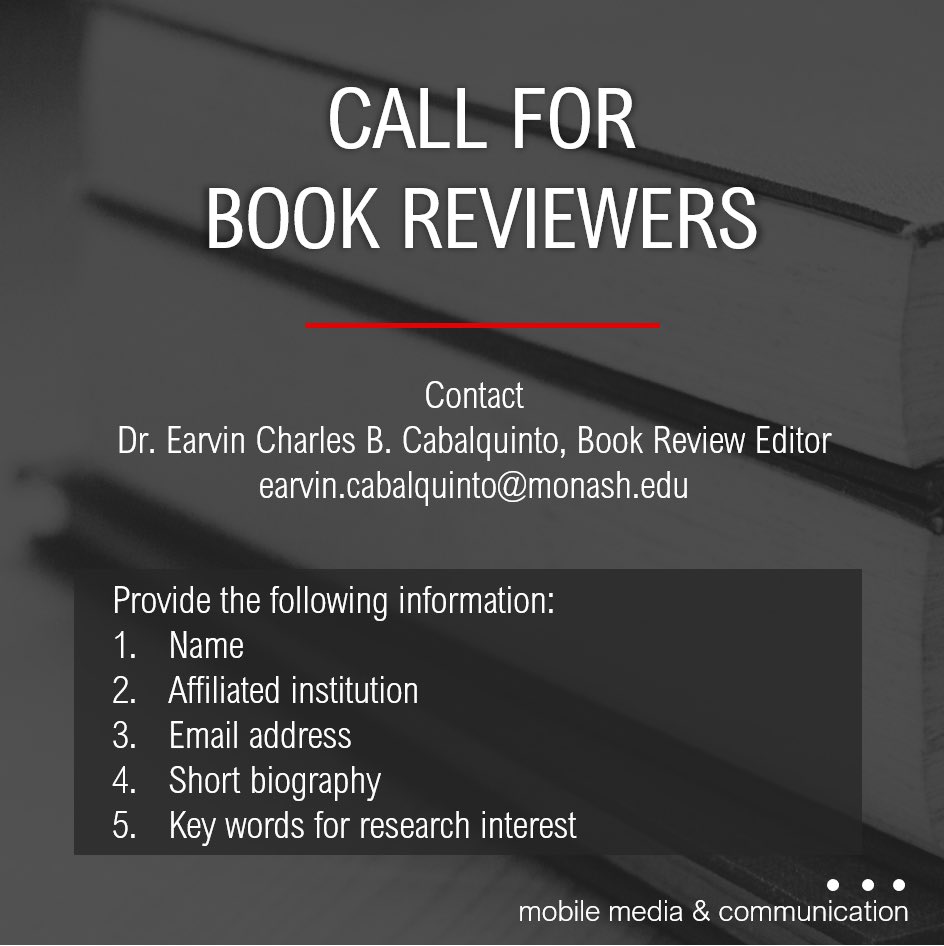 Earvin Charles B. Cabalquinto, PhD (@earvsc) on Twitter photo Call for Book Reviewers! If you're interested to review the latest book in the field of mobile media and communication, kindly email me. I highly encourage PhD students and ECRs to review a book in <a href="/mobilemediacomm/">Mobile Media & Comm</a>. You'll be mentored. Kindly share widely. Thank you! 🥂 Call for Book Reviewers! If you're interested to review the latest book in the field of mobile media and communication, kindly email me. I highly encourage PhD students and ECRs to review a book in <a href="/mobilemediacomm/">Mobile Media & Comm</a>. You'll be mentored. Kindly share widely. Thank you! 🥂