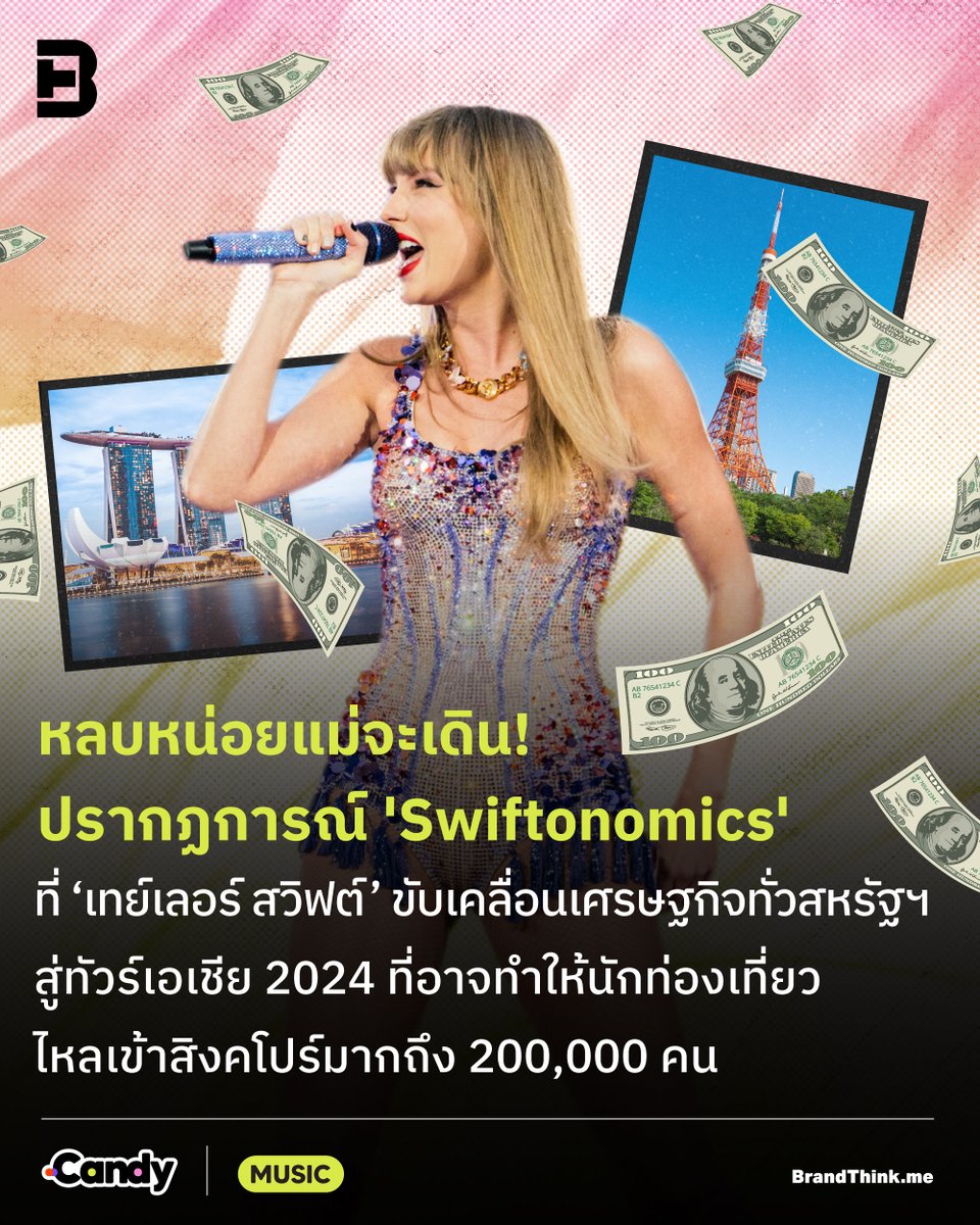 BrandThinkme's tweet photo. CANDY: หลบหน่อยแม่จะเดิน! ปรากฏการณ์ 'Swiftonomics' 
ที่ ‘เทย์เลอร์ สวิฟต์’ ขับเคลื่อนเศรษฐกิจทั่วสหรัฐฯ สู่ทัวร์เอเชีย 2024 ที่อาจทำให้นักท่องเที่ยวไหลเข้าสิงคโปร์มากถึง 200,000 คน 💃

🔗 https://t.co/T4p4ZvHhan

#MUSIC #Swiftonomics #TaylorSwift
#CandyChannel #BrandThink https://t.co/W40bOOLPDd