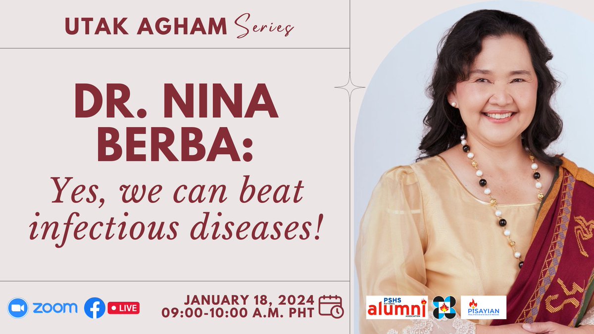 PSHS_System's tweet image. In the first episode of #UtakAgham this year, we proudly present our first guest, a distinguished alumna from the Main Campus, Batch of 1980, 𝗗𝗿. 𝗥𝗲𝗴𝗶𝗻𝗮 &quot;𝗡𝗶𝗻𝗮&quot; 𝗣. 𝗕𝗲𝗿𝗯𝗮.
Get to know Dr. Nina on UTAK AGHAM S2E1. 
Thursday, JANUARY 18 | 9am (PHT)
#PisayConnect