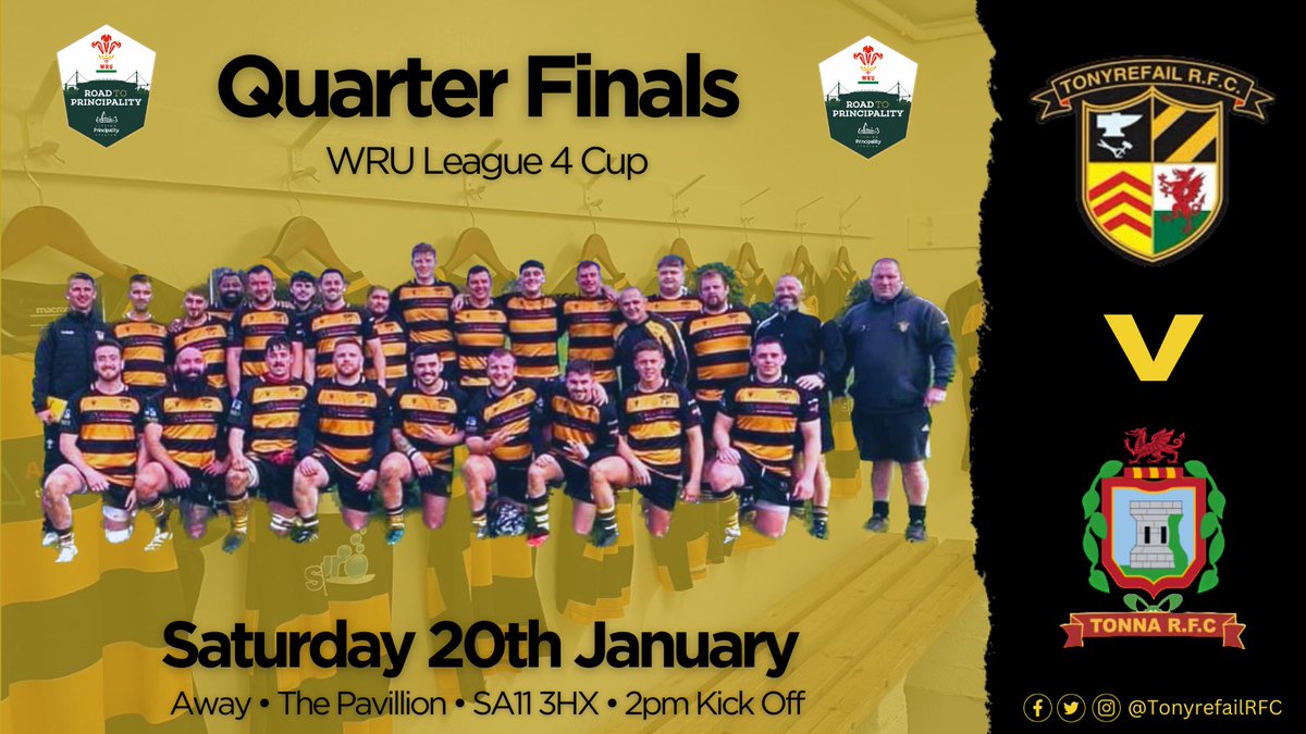 🚨UPCOMING FIXTURE🚨

A huge week ahead as the boys prepare for the Quarter Finals of the WRU League 4 Cup

We will battle it out with <a href="/TonnaRFC/">Tonna RFC</a> on Saturday for a place in the Semi Finals on their Pavillion Ground 

Away support is greatly appreciated as always 

🏆 

⚫️🟡