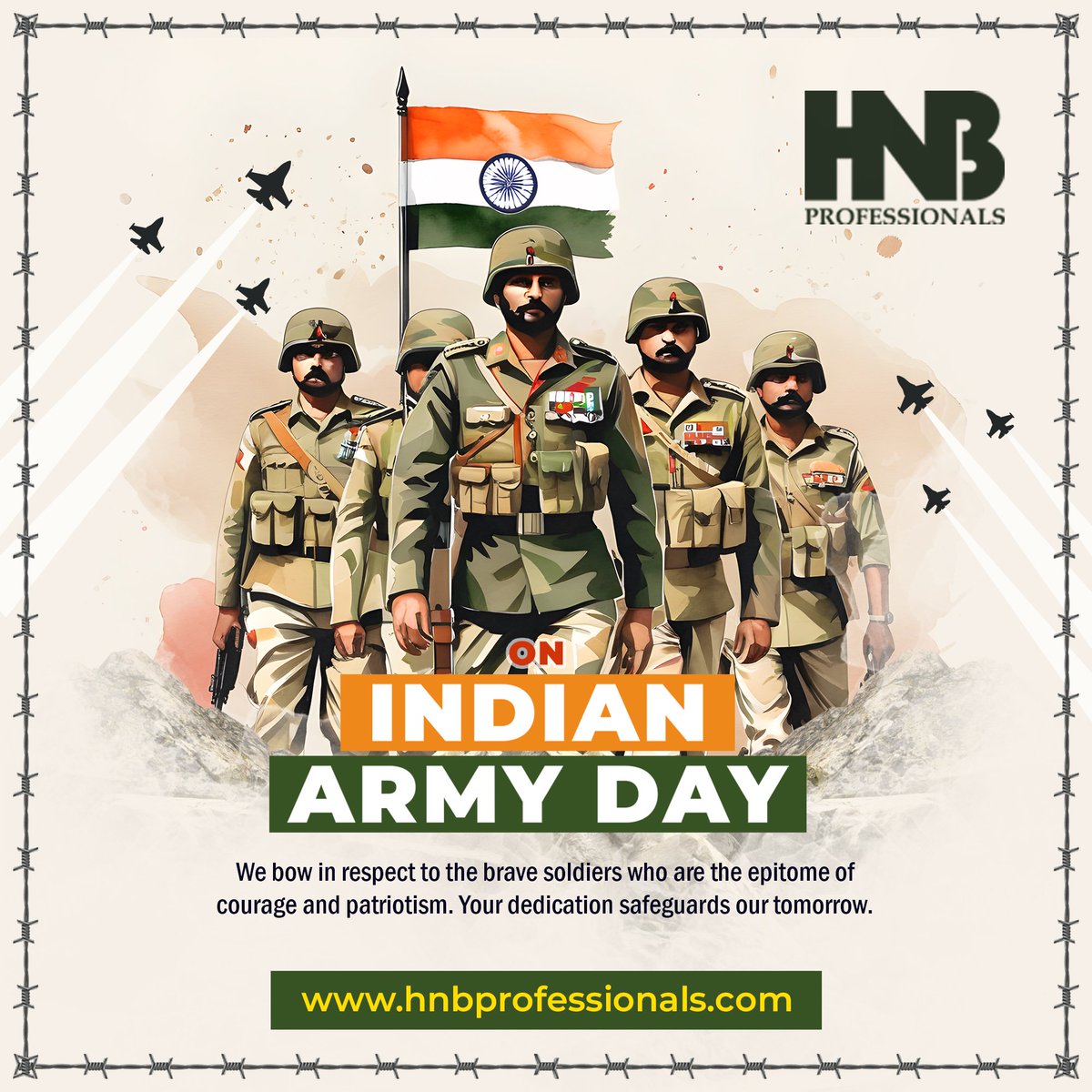 Honoring the brave hearts who stand tall, Indian Army Day salutes the epitome of courage, sacrifice, and unwavering dedication. 🇮🇳
.
.
.
.
.
#ArmyDay2024 
#IndianArmyDay 
#SaluteToHeroes
#HNBProfessionals