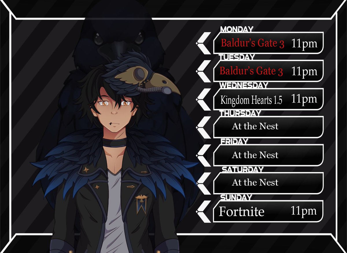 Morganthou's tweet photo. New Stream Schedule for this week! We got more Durge Run in BG3 and Fortnite!

We also start a new game with Kingdom Hearts 1.5!

#vtuber #envtuber #Birbtuber https://t.co/TlsHYUu9NT