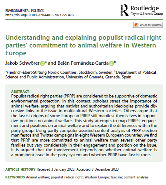 Environmental Politics (@env_pol) on Twitter photo More new research!
In this article, the authors <a href="/SchworerJakob/">Jakob Schwörer I @Jakobschwoerer@det.social</a> and Belén Fernández-Garcí find that Populist Radical Right Parties are more engaged in animal welfare than many other party families but differ considerably in their position on the issue.
tandfonline.com/doi/full/10.10… More new research!
In this article, the authors <a href="/SchworerJakob/">Jakob Schwörer I @Jakobschwoerer@det.social</a> and Belén Fernández-Garcí find that Populist Radical Right Parties are more engaged in animal welfare than many other party families but differ considerably in their position on the issue.
tandfonline.com/doi/full/10.10…