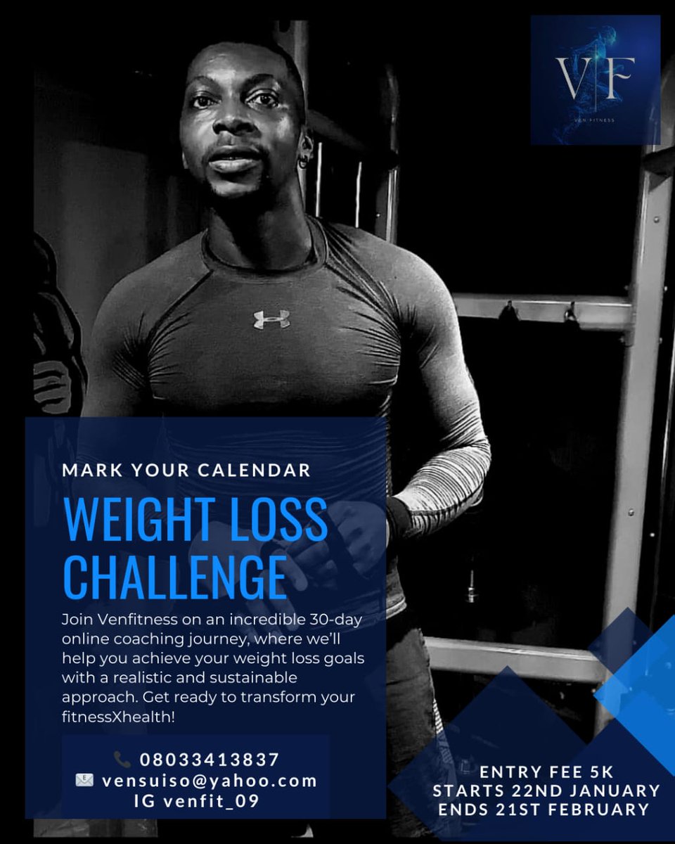 Im_Chuks's tweet image. My homie @vensuiso did a thing.
VENFITNESS 30DAYS WEIGHT LOSS CHALLENGE.
A lot of fitnessXhealth benefits.
Challenge starting on the 22nd of January, 2024. Till 21st of February, 2024.
