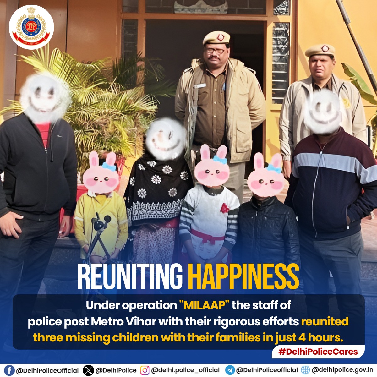 The team from Police Post Metro Vihar of @dcp_outernorth reunited three missing children in just 4 hours under operation 'Milap'

#DelhiPoliceCares
#OperationMilap