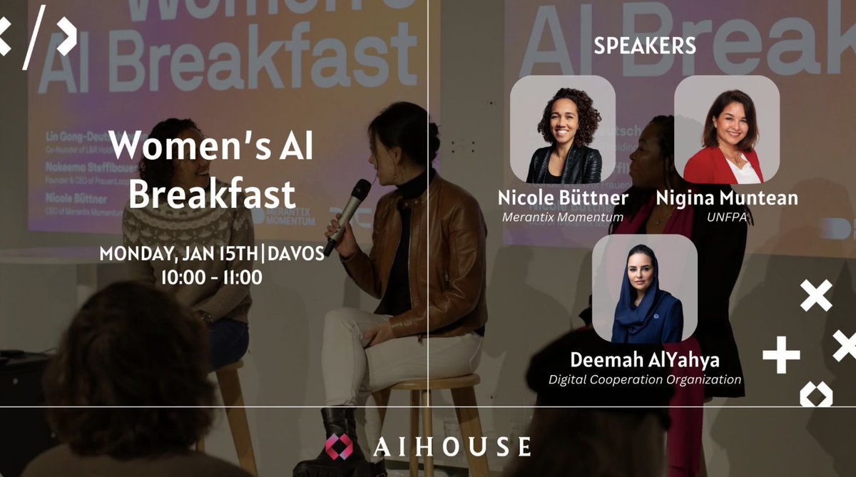We're honored to be at #WEF this week! Kicking off with our Women's AI Breakfast today at #AIHouseDavos. An empowering conversation with our Founder & CEO @nicolebuettner, @Nigina_Muntean, and @Dalyahya. Ready for an insightful week! 🚀#womenintech #femaleempowerment