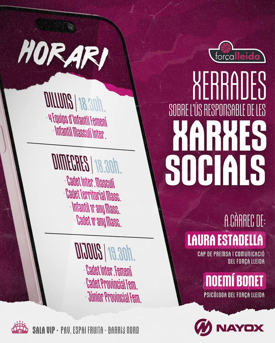 flleidabase's tweet photo. 📲☑️ Avui comença la setmana de la iniciativa del @flleida per protegir als nostres jugadors/es sobre l'ús adequat i precaucions dins del món de les xarxes socials.
A càrrec de la nostra Cap de premsa i comunicació @Lauraestadella i la psicòloga del club @_noemibonet https://t.co/QAn0ibnhPi