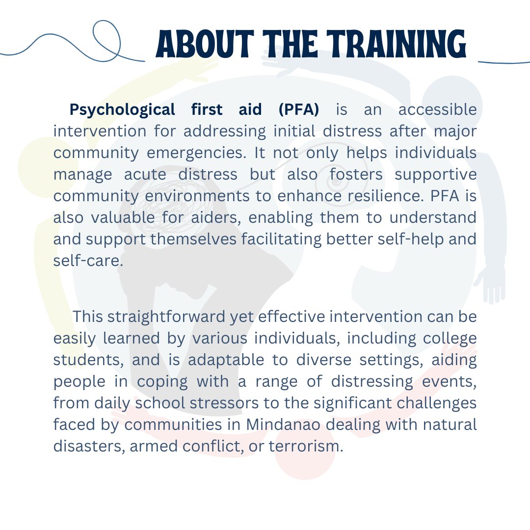 AdDU_NSRC's tweet photo. Empowering Minds: Unveiling the Essentials of Psychological First Aid Training 🌱🧠

Here's more about the training, the objectives, and the comprehensive content designed to build resilience, provide support, and foster psychological well-being. 🫂 https://t.co/pfGnELP4Bt