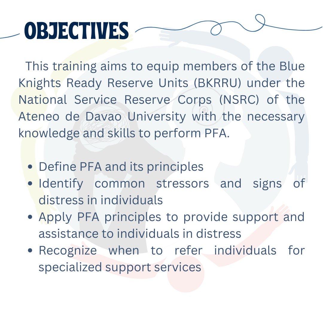 AdDU_NSRC's tweet photo. Empowering Minds: Unveiling the Essentials of Psychological First Aid Training 🌱🧠

Here's more about the training, the objectives, and the comprehensive content designed to build resilience, provide support, and foster psychological well-being. 🫂 https://t.co/pfGnELP4Bt