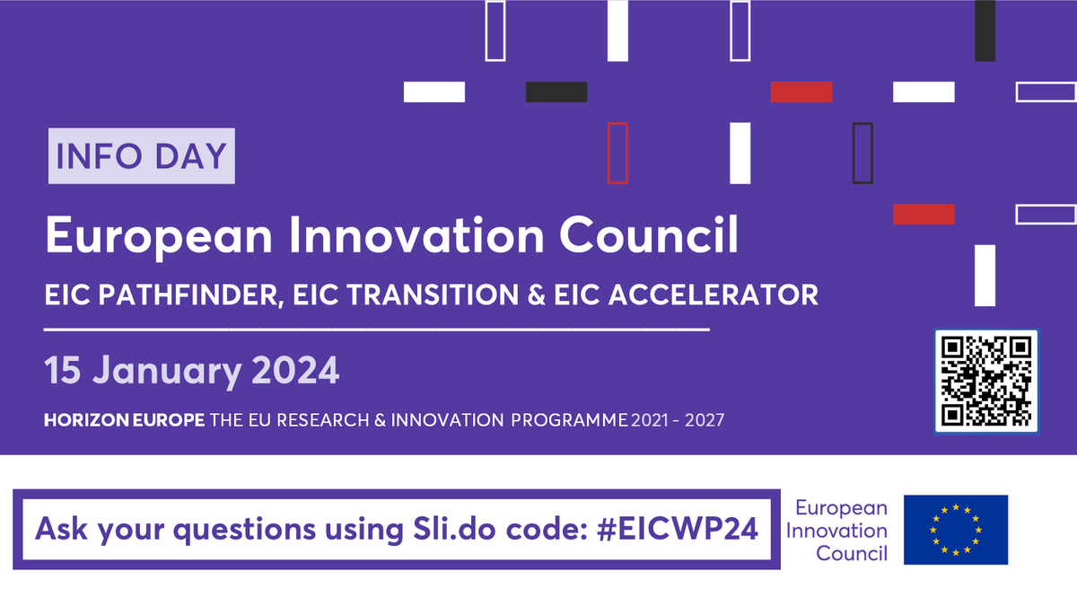 Starting 🔜! Don’t miss the #EUeic Info Day on the Work Programme 2024 happening at 𝟗:𝟑𝟎 𝐂𝐄𝐓. 💻 What will be covered? 🚀 Funding schemes 🚀 EIC BAS 🚀 Lump sums Ask questions with Sli.do code: #EICWP24. Join the web stream 👉 europa.eu/!yHnGhW