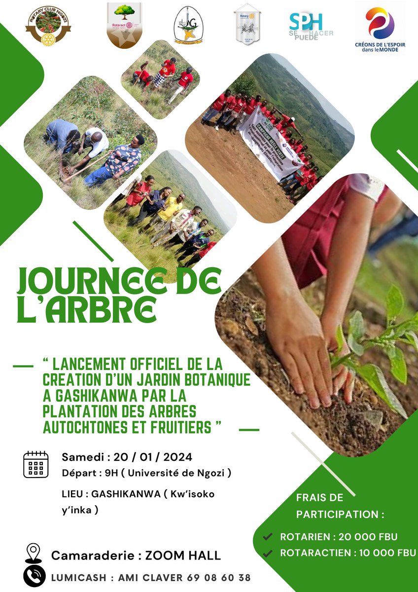 Cher.e.s amis.es Rotarien.e.s et Rotaractien.e.s, le #RotaryNgozi, le <a href="/rotaract_ngozi/">Rotaract Club KUGASAKA</a> et le #RotaryIntore vous invitent dans leur action conjointe pour la célébration de la #JournéeDelArbre en date du 20 Janvier 2024.
<a href="/BurundiRotary/">Rotary Burundi</a>
<a href="/Rotary9150/">Rotary District 9150</a> 
<a href="/RtcBurundi257/">Rotaract Burundi</a>
