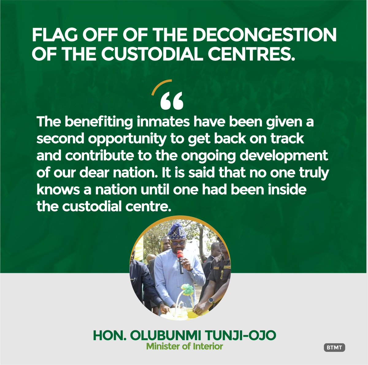 CYM2023's tweet photo. Taking advantage of the extant and available laws to put smiles on the faces of Nigerians who would otherwise remain incarcerated due to inability to pay fines.

#ImpactOfBTO
#ThankYouPBAT 
#CorrectionalCentreReform
#RenewedHopeWithBTO https://t.co/dhQBHSP6mR