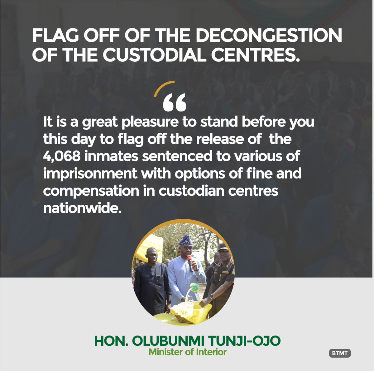 CYM2023's tweet photo. Taking advantage of the extant and available laws to put smiles on the faces of Nigerians who would otherwise remain incarcerated due to inability to pay fines.

#ImpactOfBTO
#ThankYouPBAT 
#CorrectionalCentreReform
#RenewedHopeWithBTO https://t.co/dhQBHSP6mR