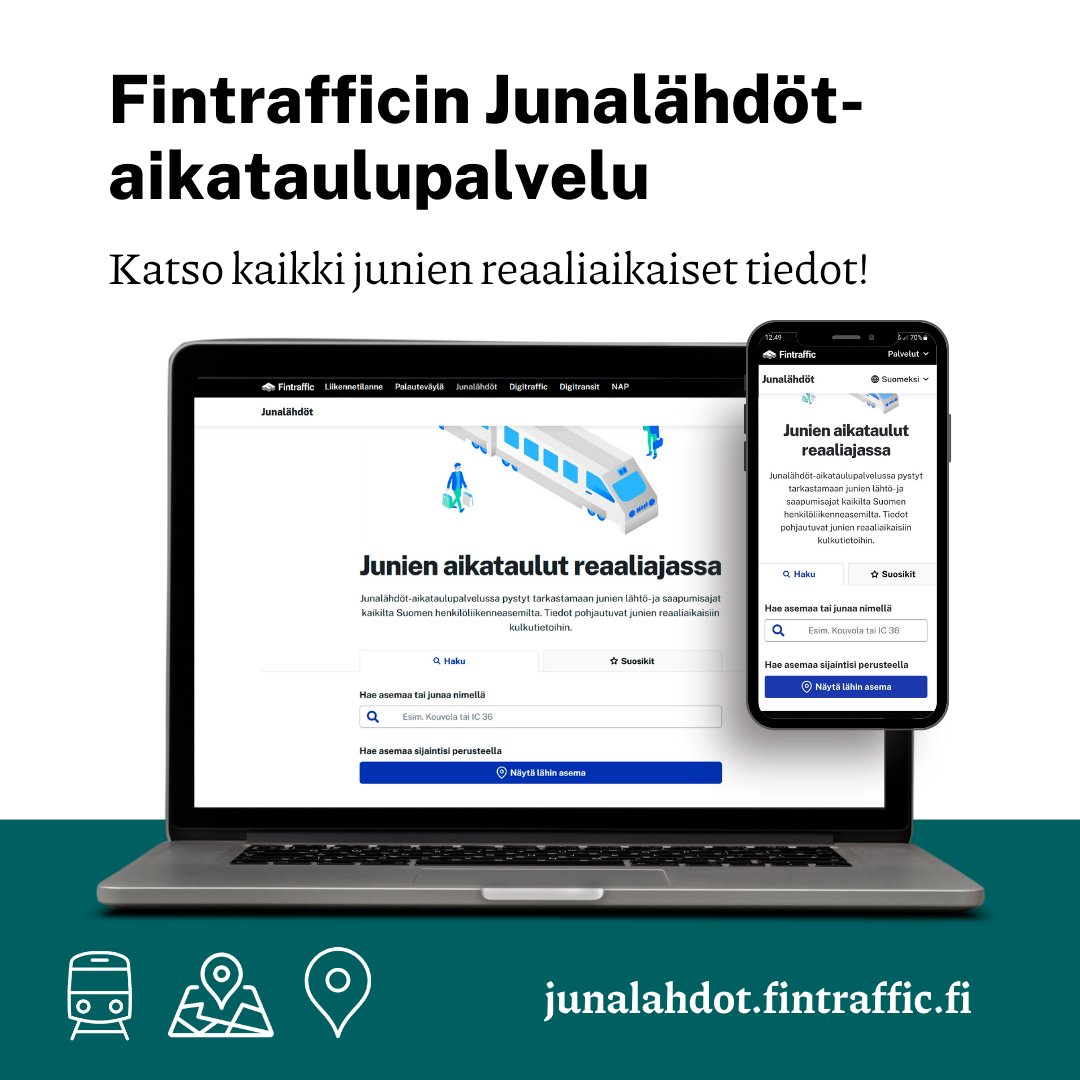 Fintraffic_fi's tweet photo. Nappaa mukaasi junien aikataulutiedot! Fintrafficin Junalähdöt-aikataulupalvelussa näet junien lähtö- ja saapumisajat kaikilta Suomen juna-asemilta. Tiedot päivittyvät reaaliajassa! #junat

Tutustu täältä:
🔗 https://t.co/Ipku1o7vjZ https://t.co/dDZDDyyI4q